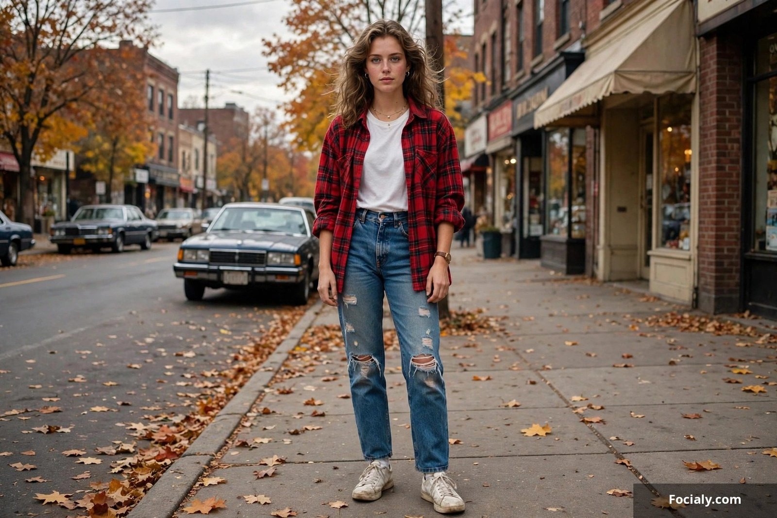 Red flannel shirt over ripped jeans with boots late 80s look