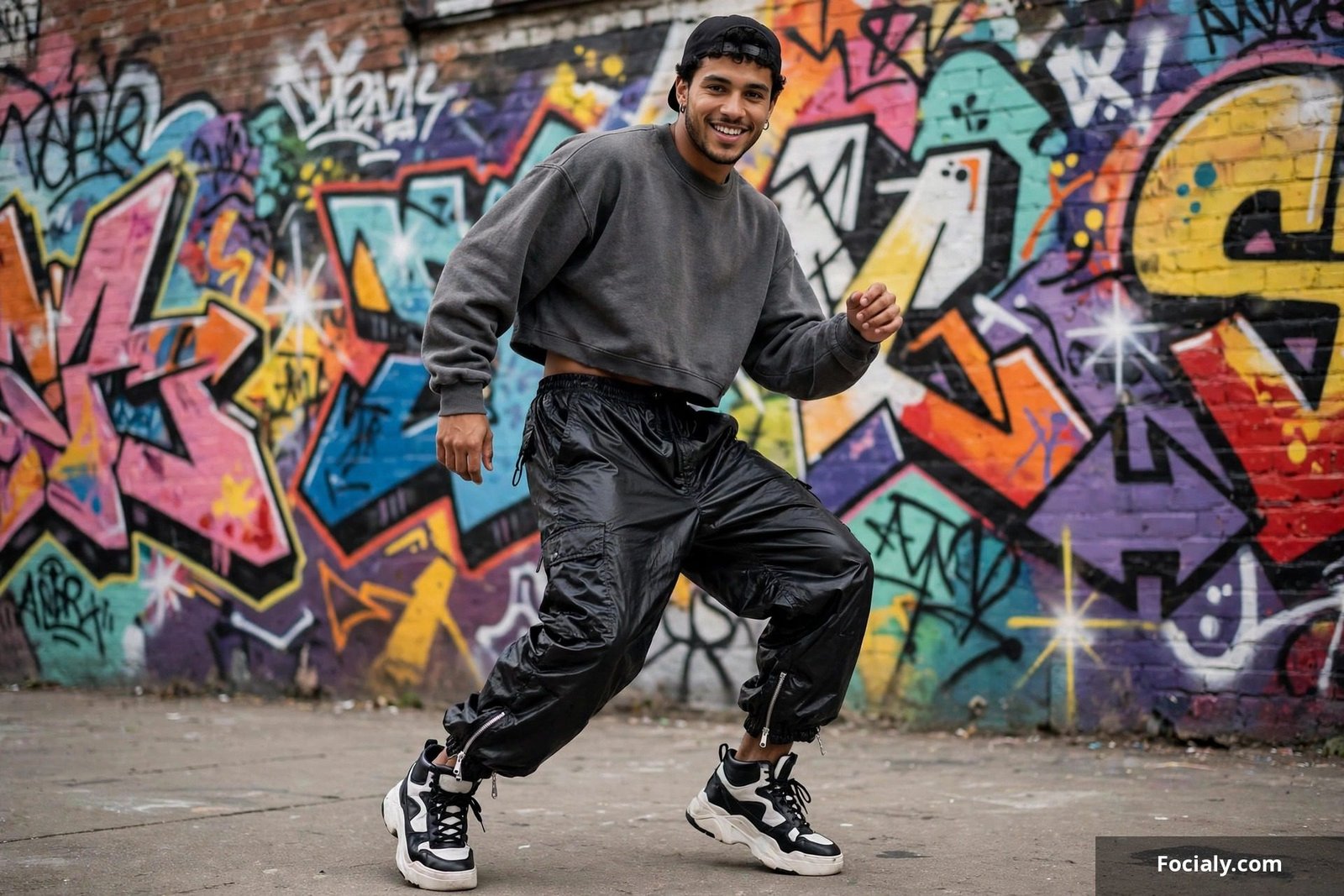 Parachute pants with high top sneakers and oversized jacket breakdancer style