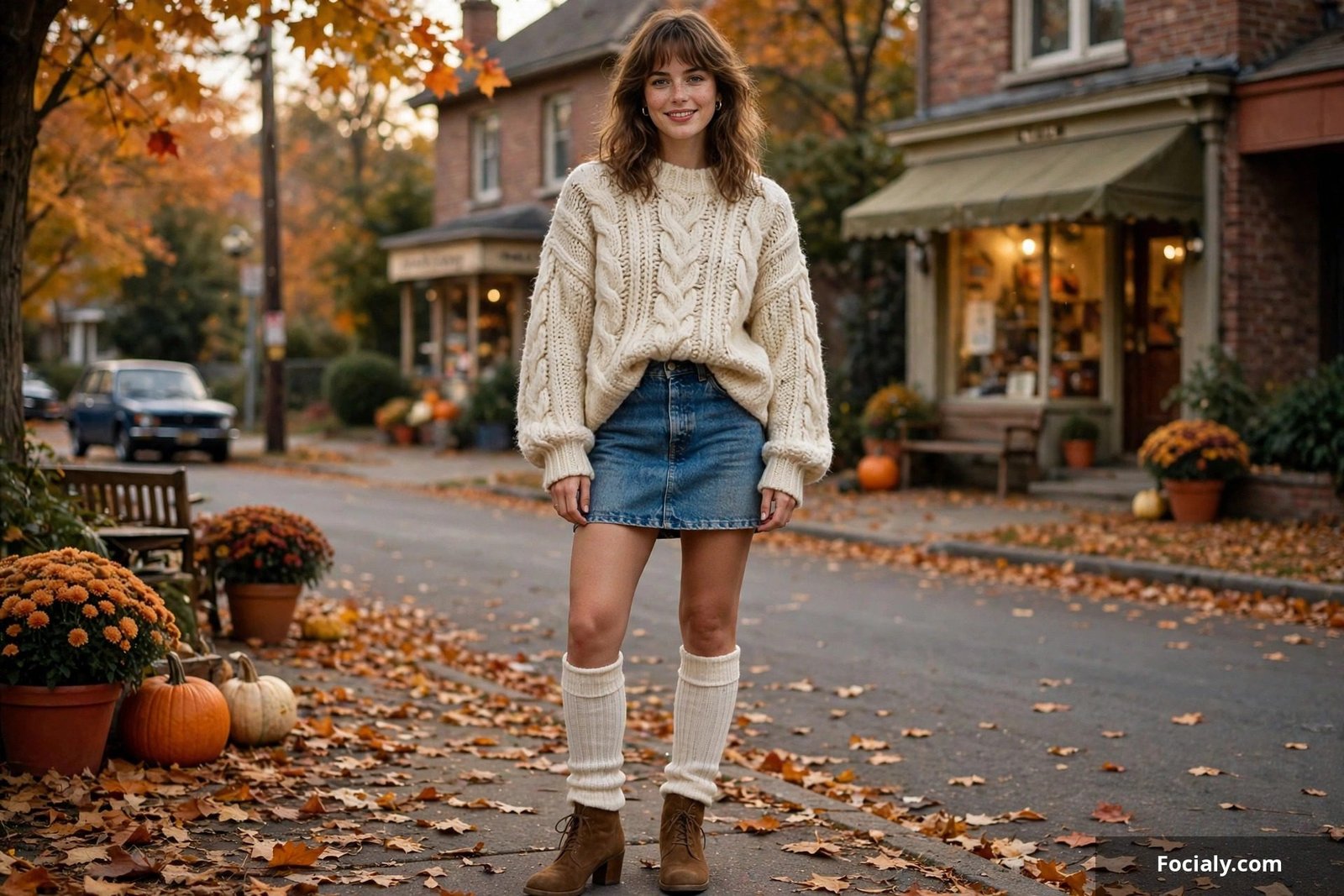 Denim mini skirt with oversized slouchy sweater 80s cozy outfit