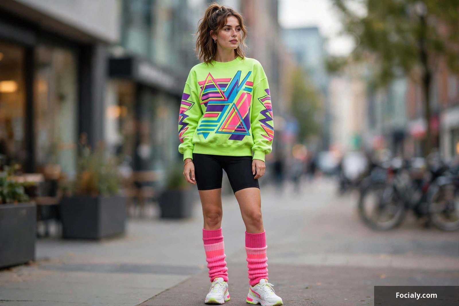 Neon graphic sweatshirt with black bike shorts 80s athleisure outfit