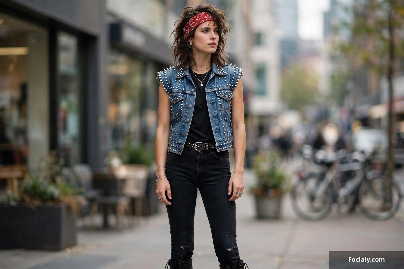 Studded denim vest with bandana and black jeans 80s rocker look