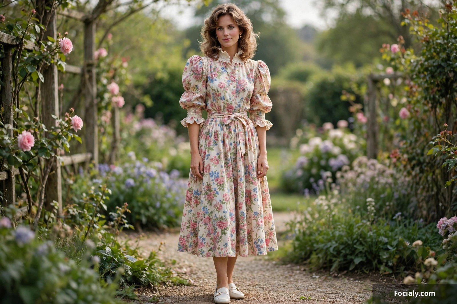 Puffy sleeve floral midi dress with cinched waist 80s romantic style