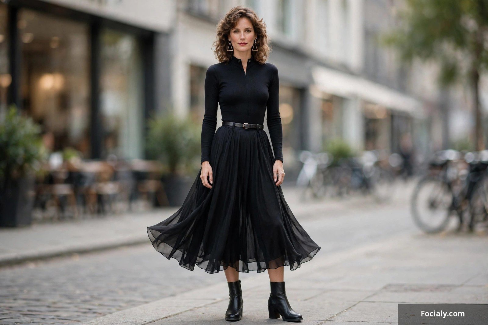 Black bodysuit with flowing midi skirt new wave 80s outfit