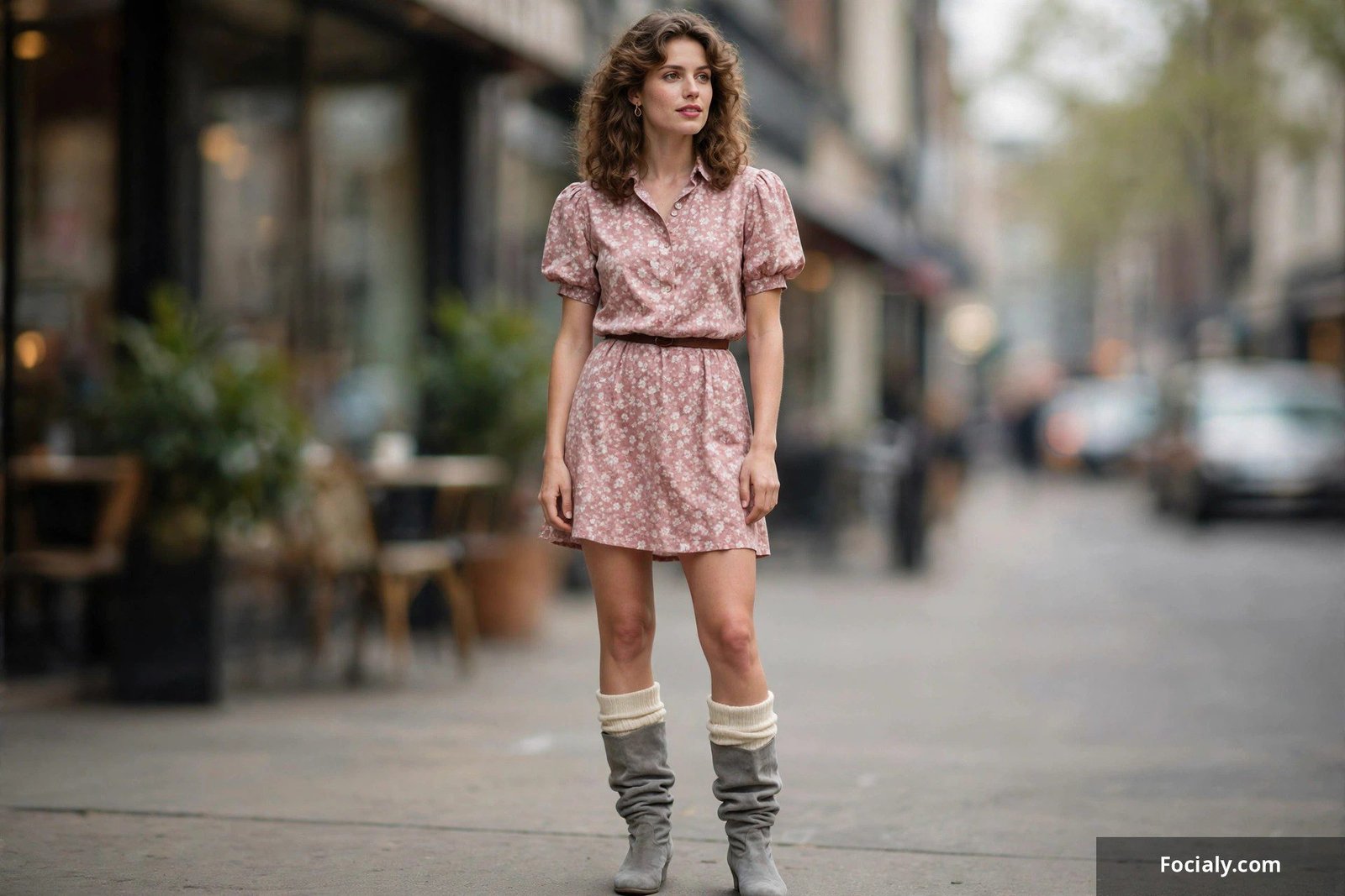 Slouchy boots with scrunch socks and short dress 80s footwear look