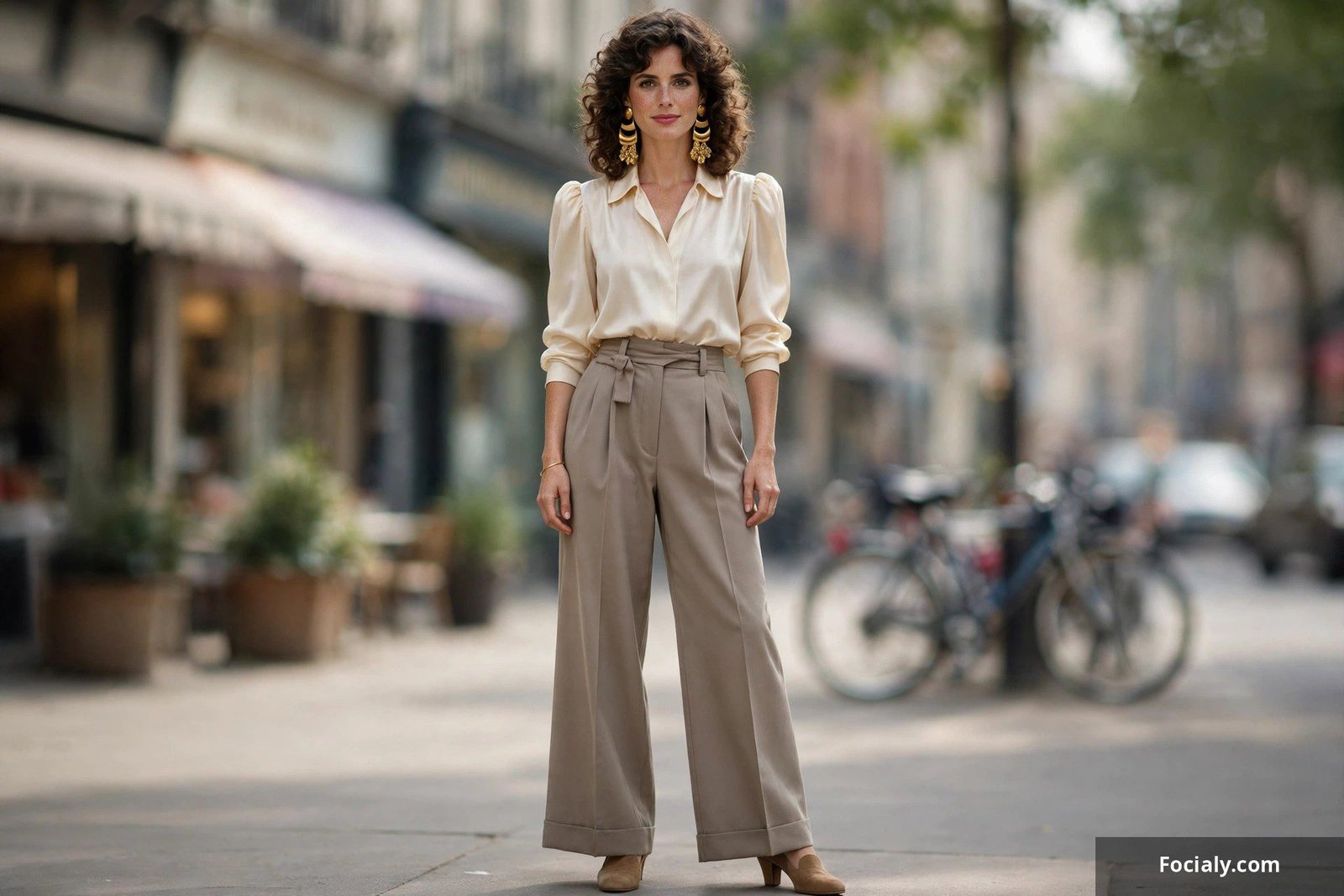 Silk blouse with big statement earrings and wide leg trousers 80s elegant outfit