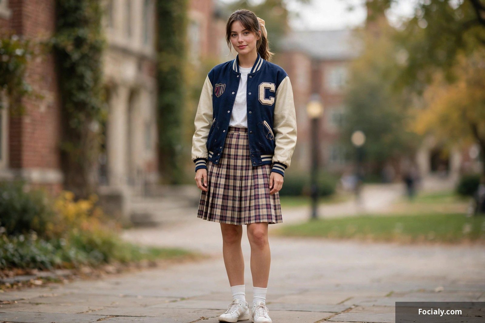 Varsity jacket with pleated skirt and sneakers 80s college prep outfit