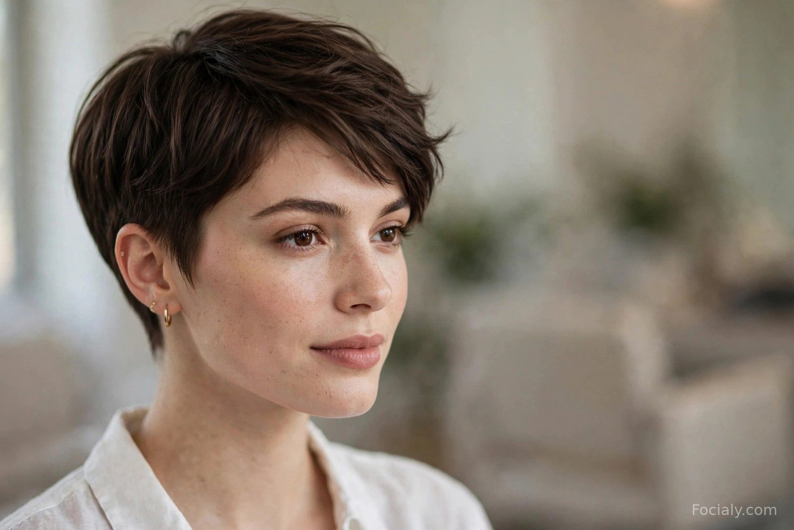 Classic tapered pixie cut on a brunette woman, clean nape and softly sculpted sides