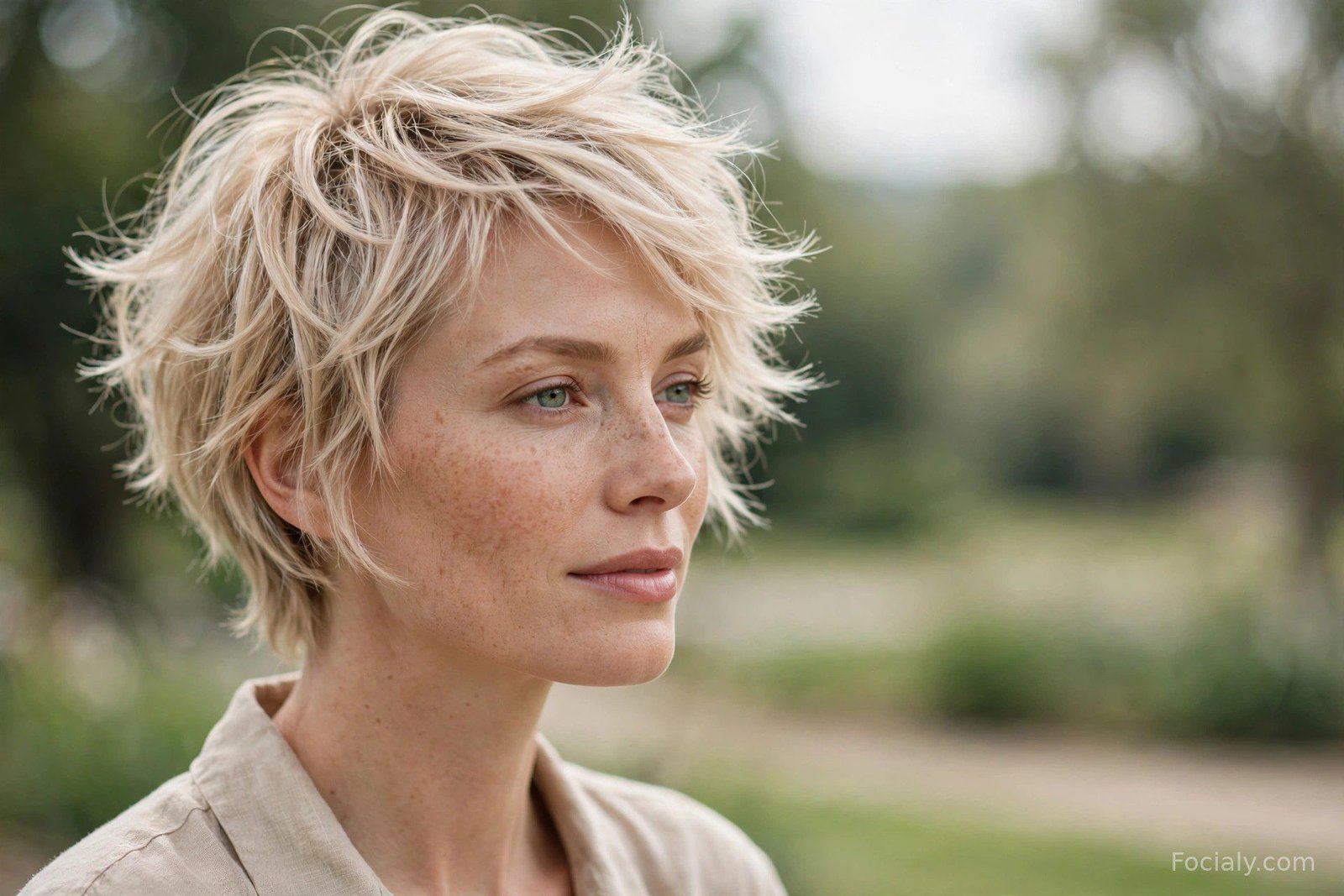Wispy pixie cut for thin hair, airy feathered layers on fine blonde hair