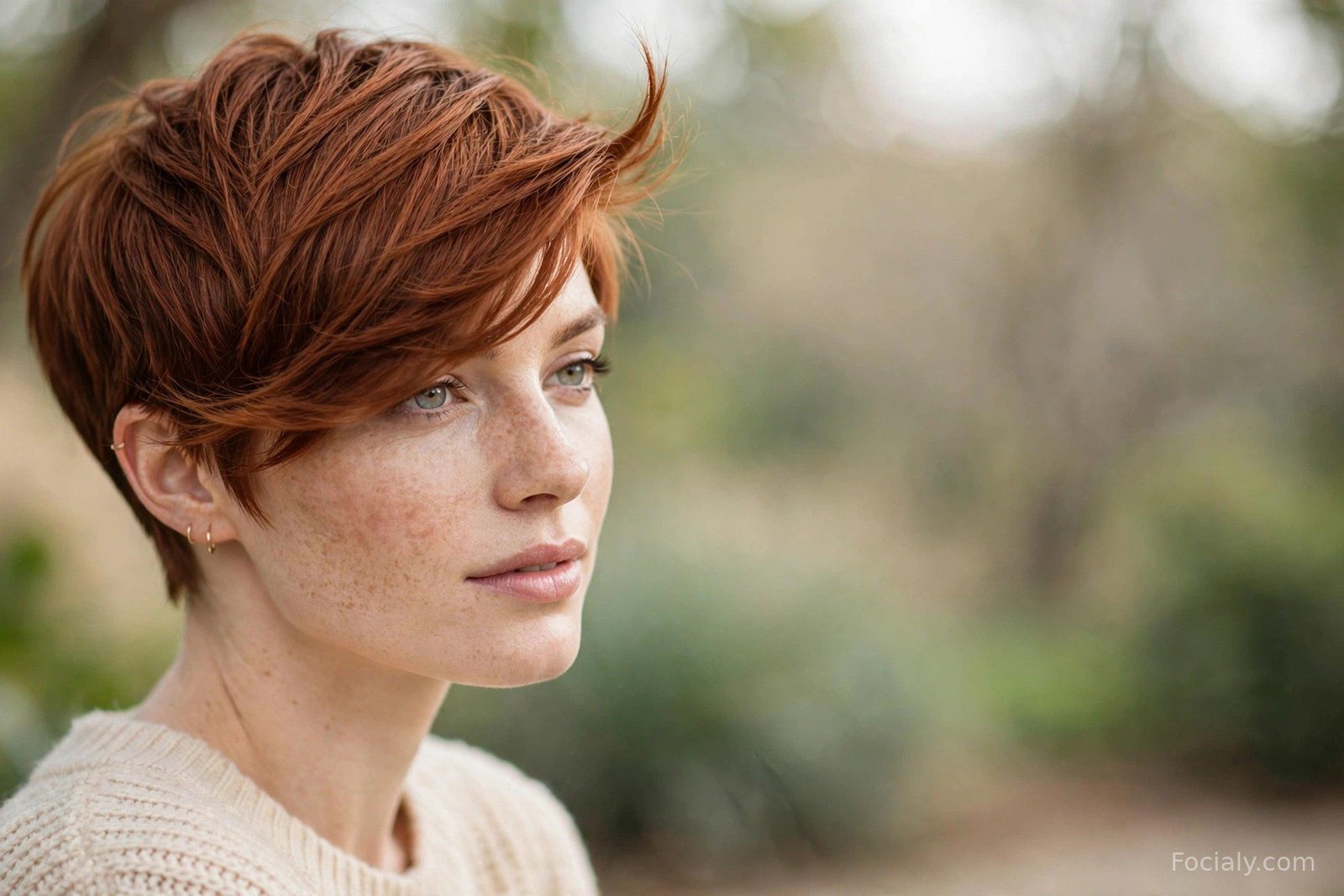 Side-swept pixie cut with long fringe sweeping across the forehead, auburn hair