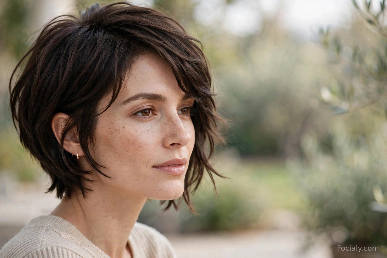 Pixie bob haircut, longer pixie with bob-like volume on dark brown hair