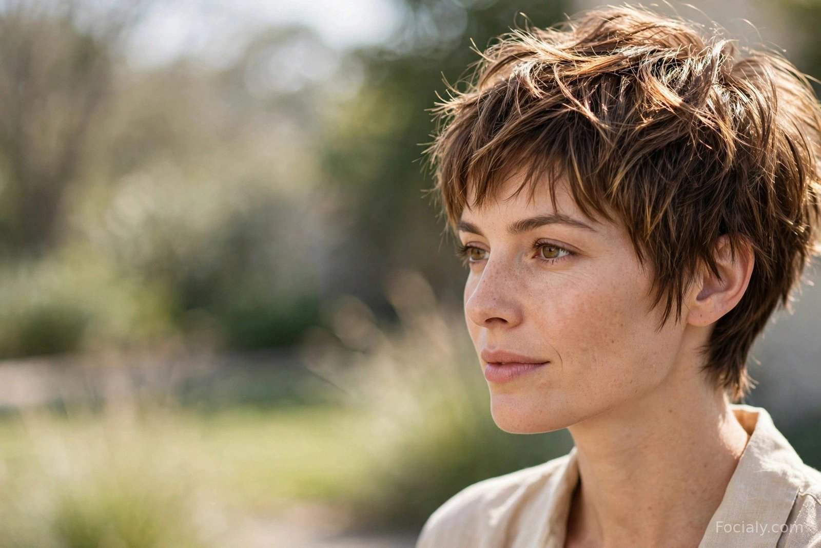 Choppy layered pixie cut with jagged textured ends on highlighted brown hair