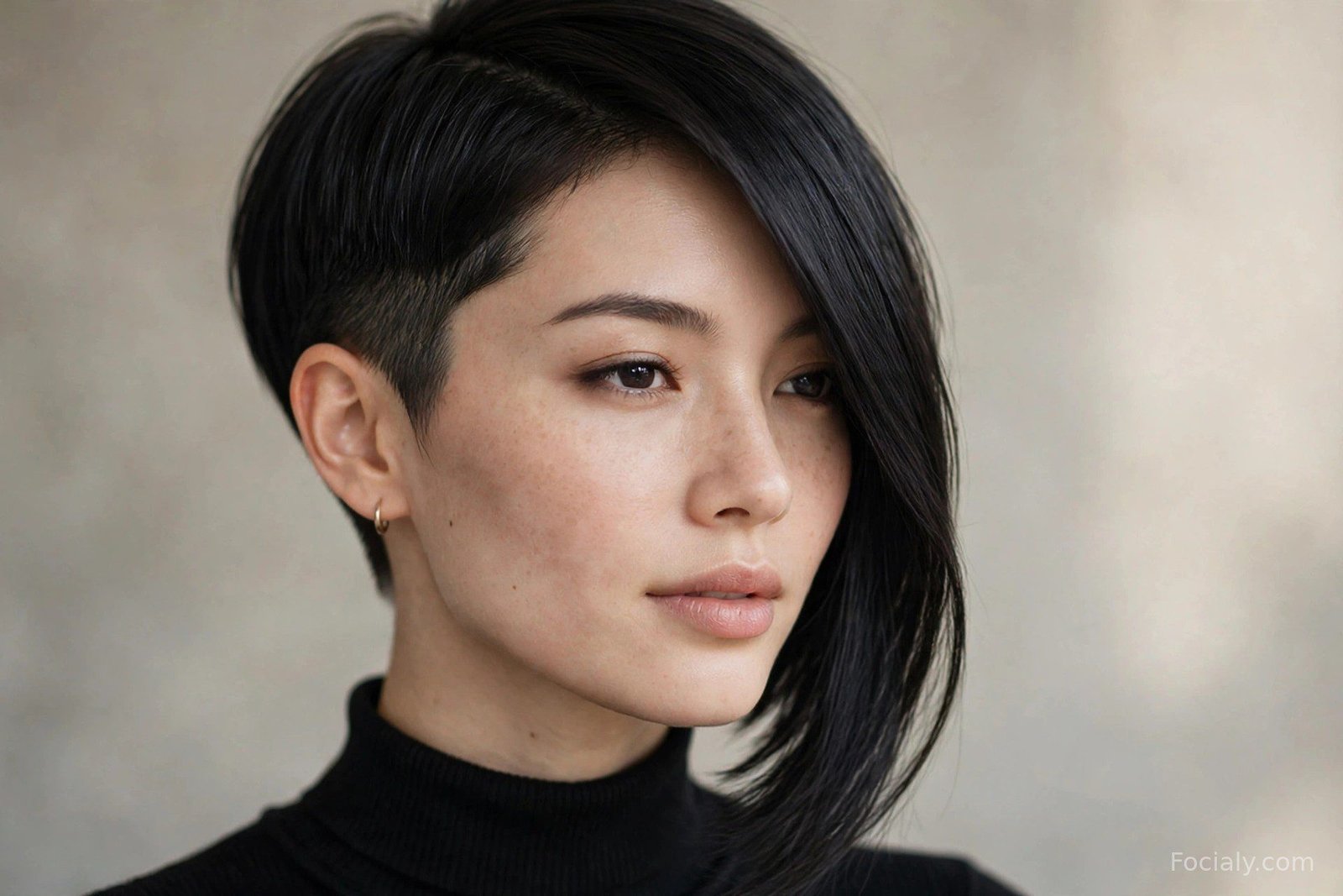 Sleek asymmetrical pixie cut, one side cropped close and longer on the other, black glossy hair