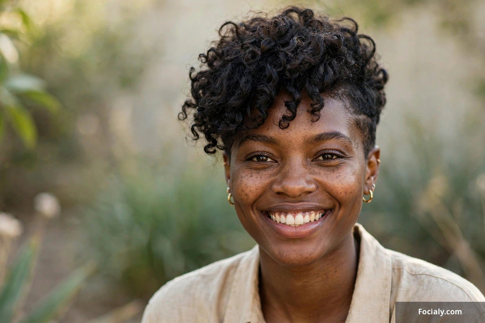 Curly pixie cut on a Black woman, natural coils with longer top and neat sides