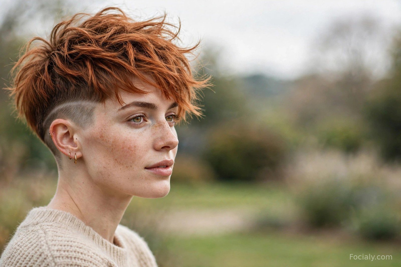 Tousled pixie with undercut, shaved nape and messy textured top, copper hair