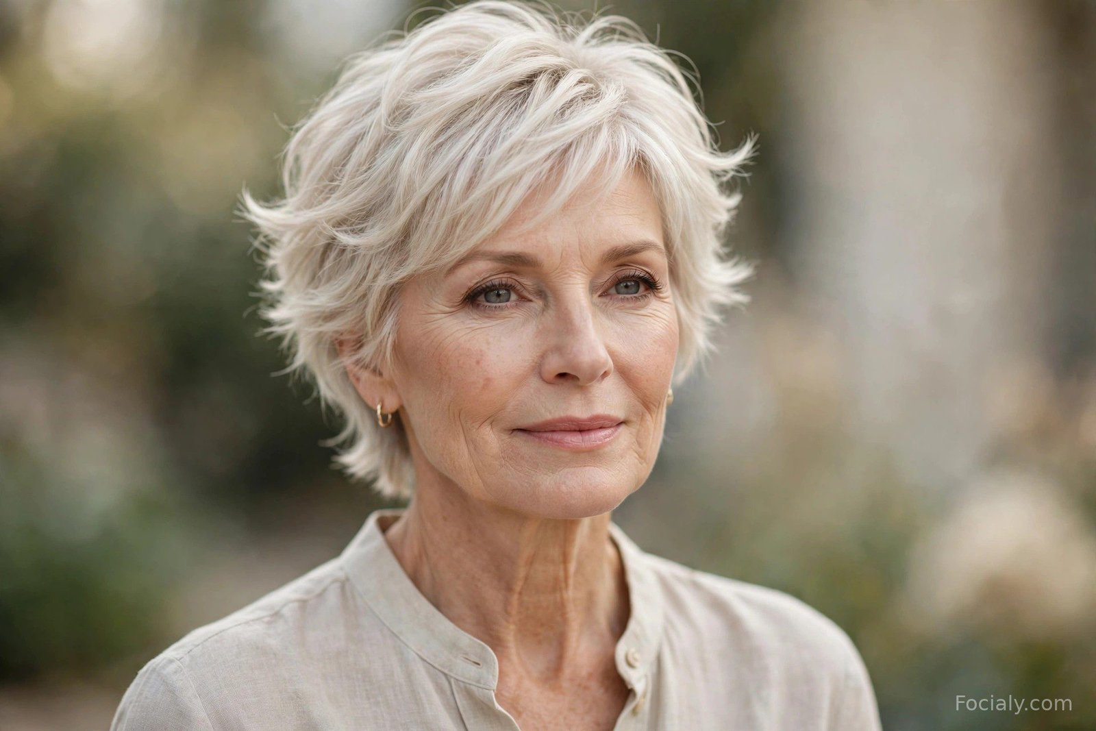 Feathered pixie cut with soft flicked layers on platinum blonde hair, mature woman