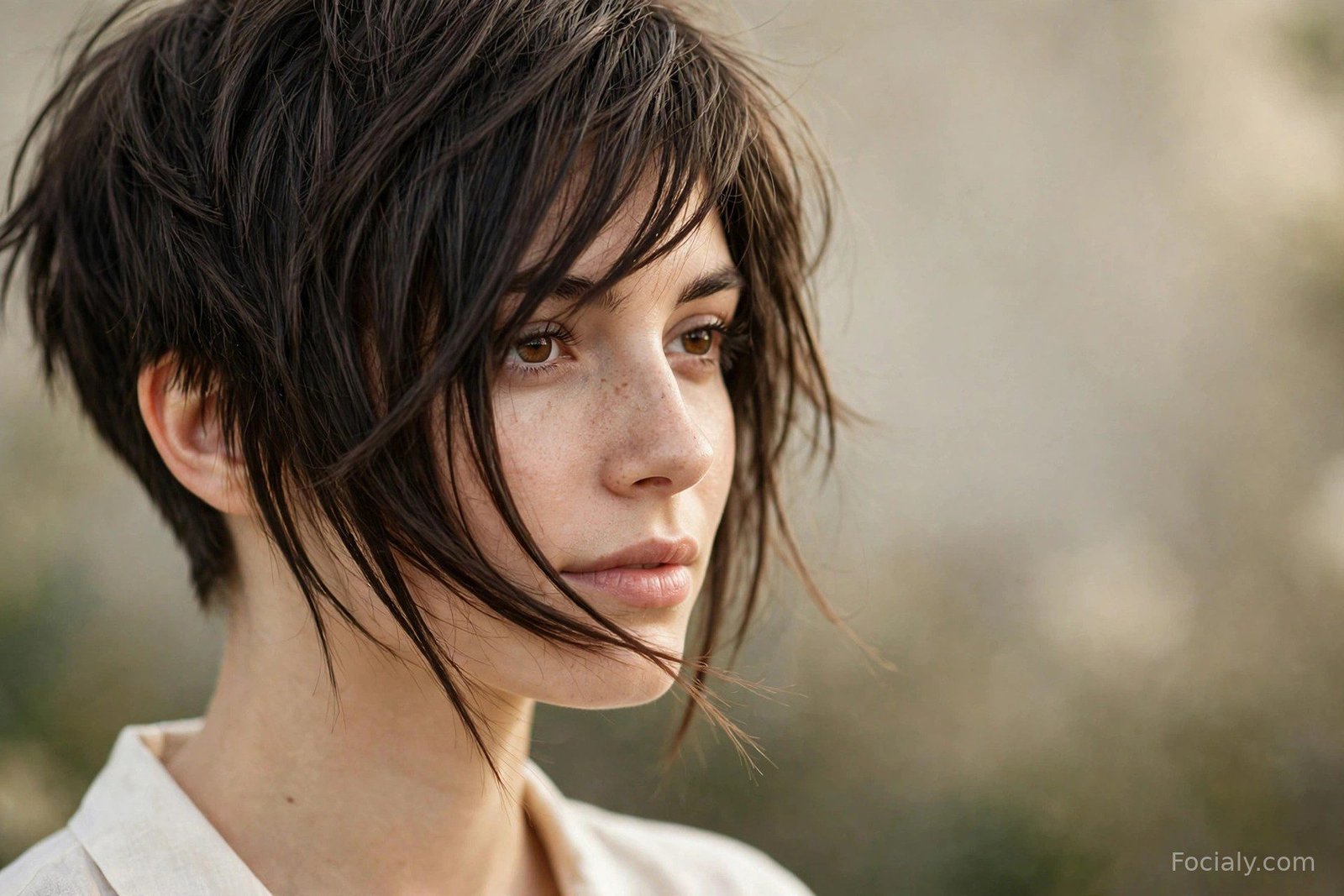 Pixie cut with long fringe grazing the cheekbones on a young woman with dark hair