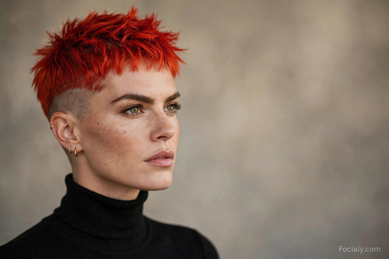 Micro pixie crop, very short edgy cut with buzzed sides on a woman with red hair