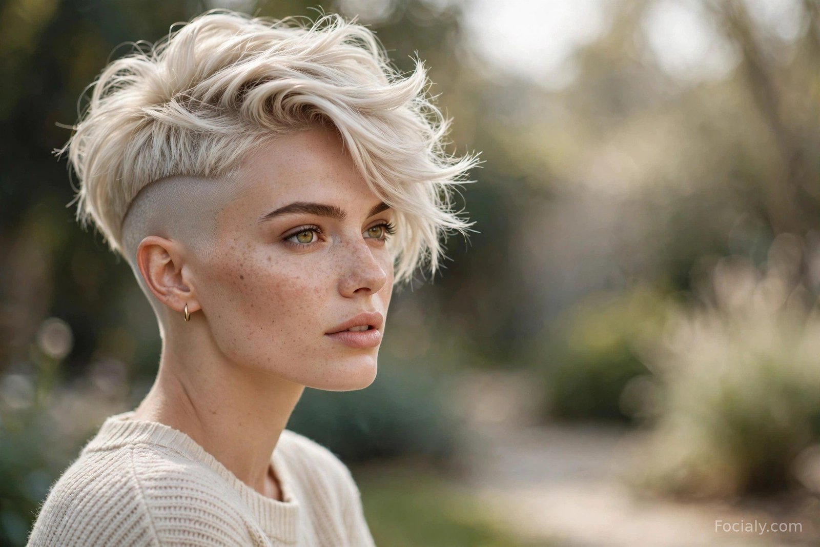 Pixie cut with shaved sides and longer textured platinum top