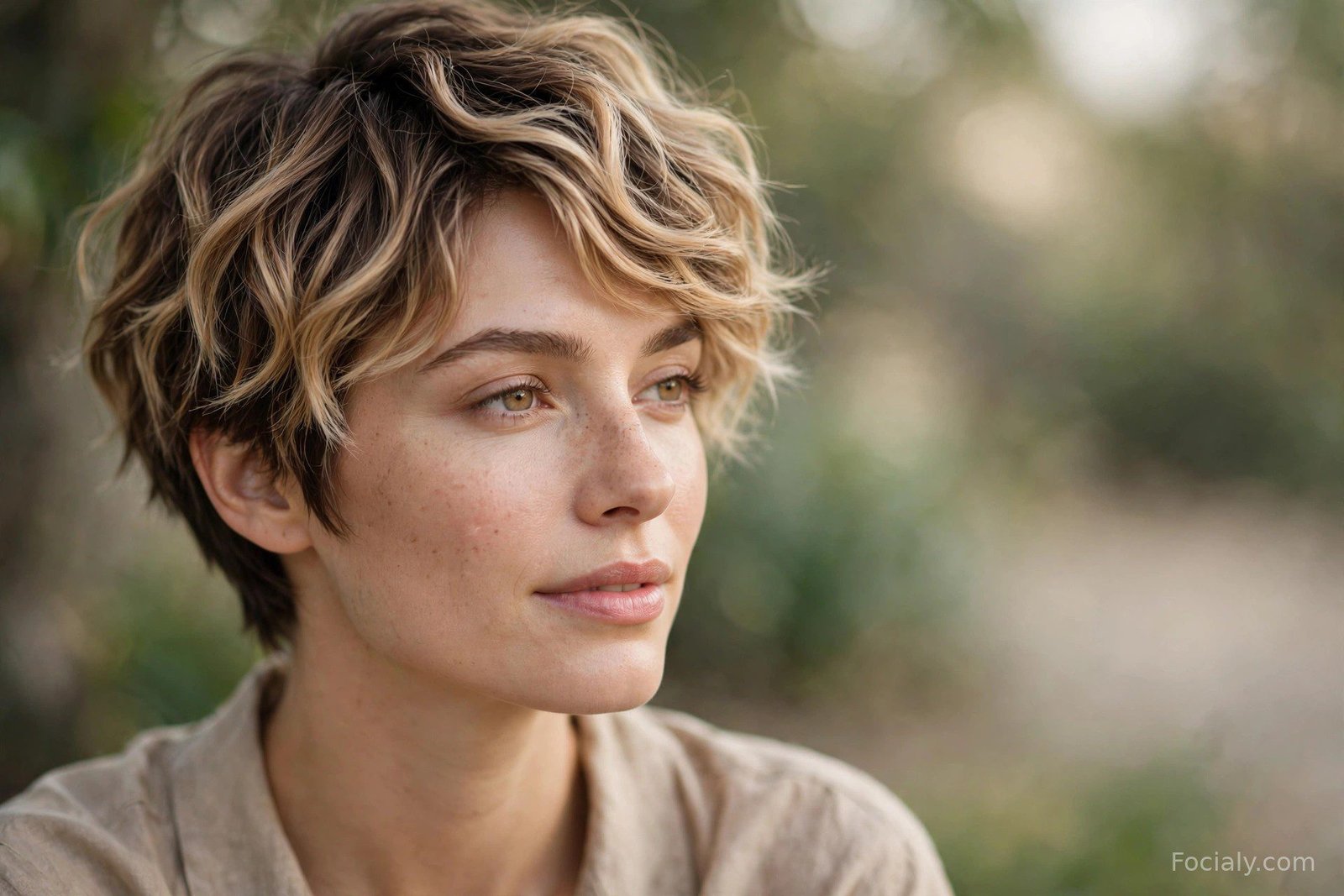 Soft balayage pixie cut with hand-painted honey blonde highlights on wavy short hair