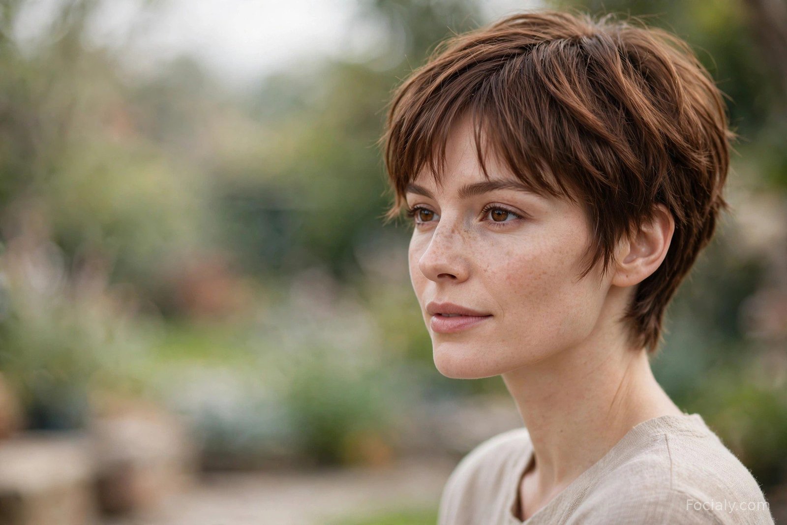 Pixie cut with curtain bangs parted in the middle, chestnut brown hair