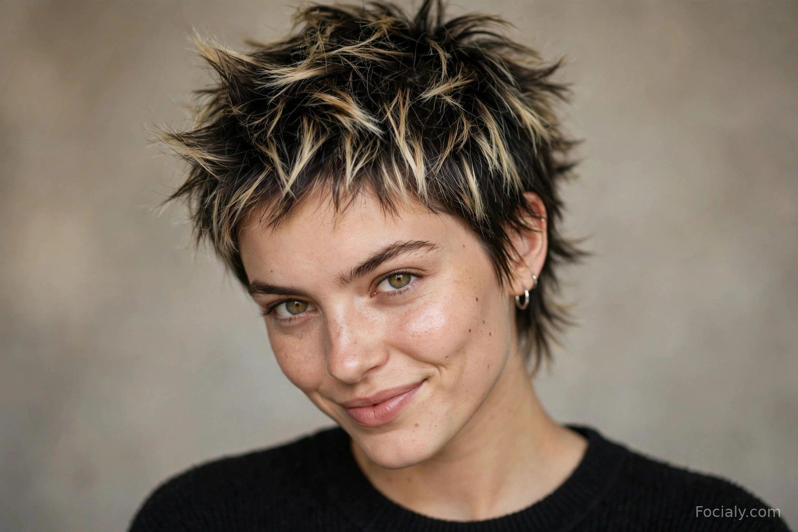 Spiky pixie cut with piece-y textured spikes, dark hair with blonde tips