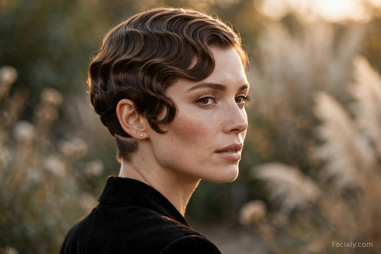 Vintage finger-wave pixie cut, sculpted 1920s waves on short glamorous hair