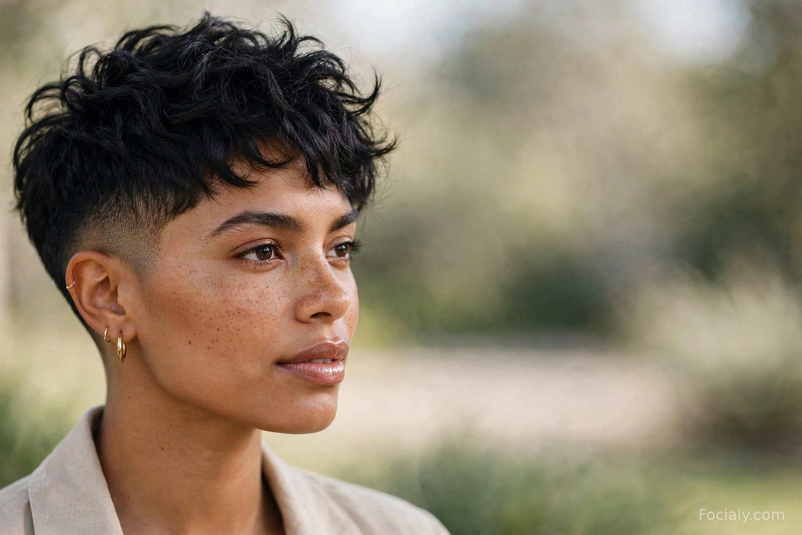 Temple fade pixie cut with faded temples and textured top on a Latina woman