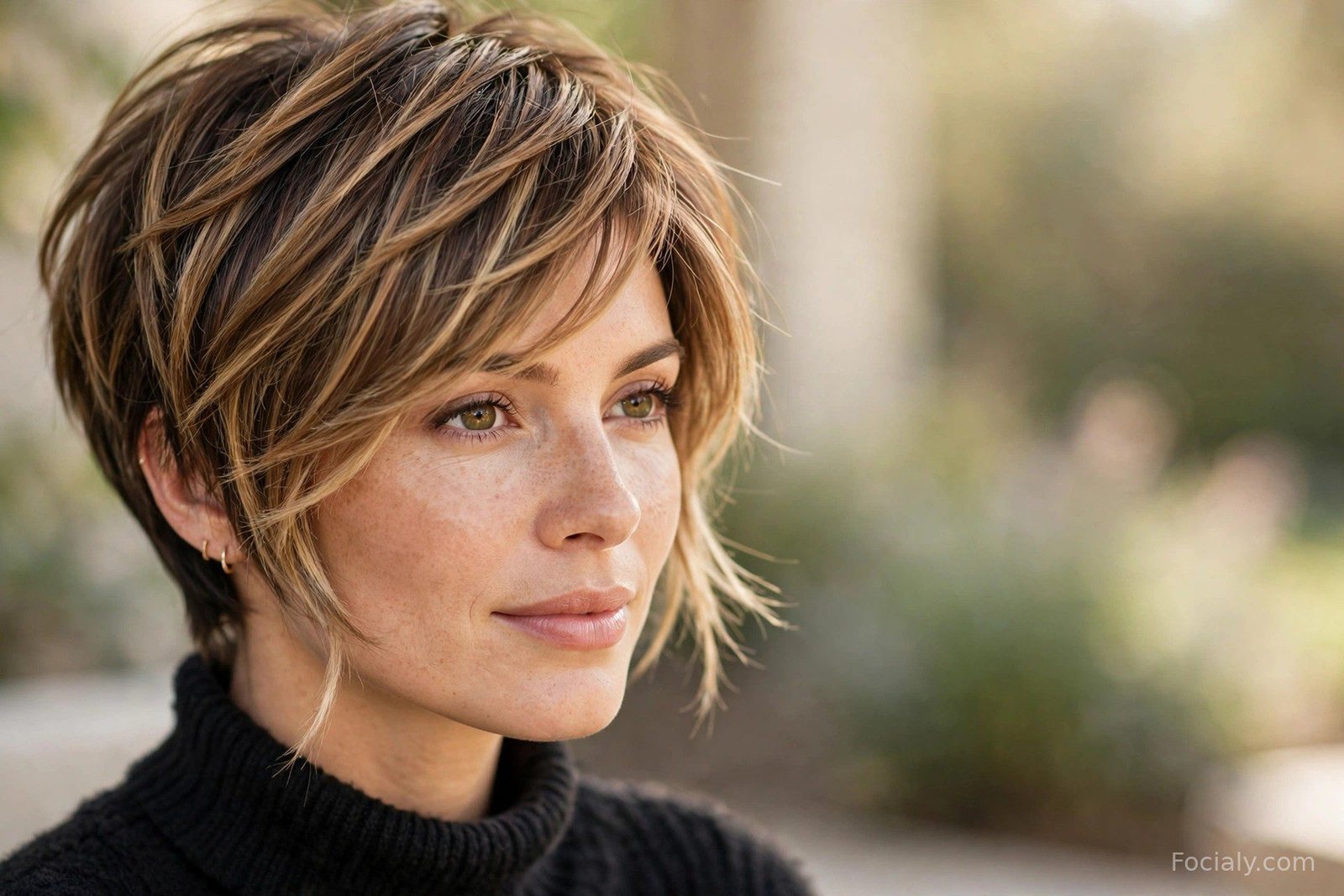 Layered pixie cut with caramel highlights, dimensional short hair