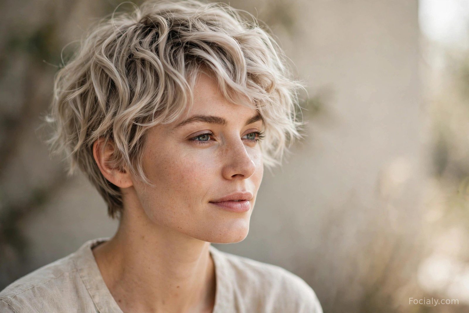 Wavy pixie cut with soft natural waves, ash blonde short hair