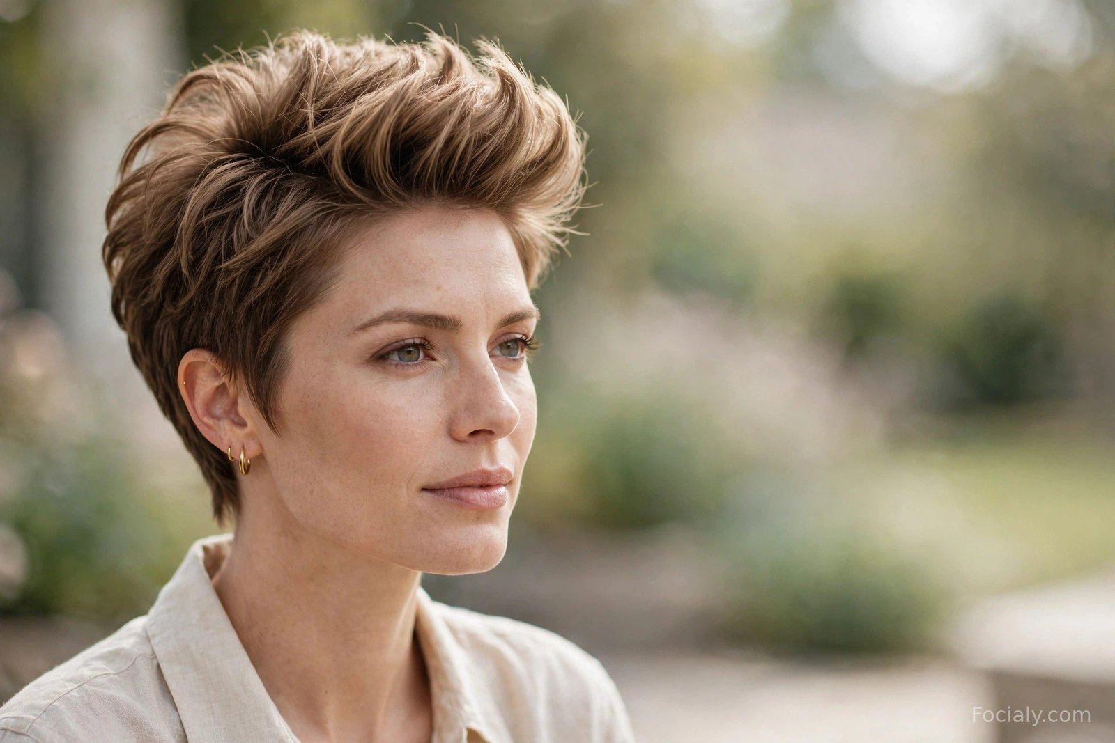 High-volume pixie cut for fine hair, lifted crown and stacked layers at the back