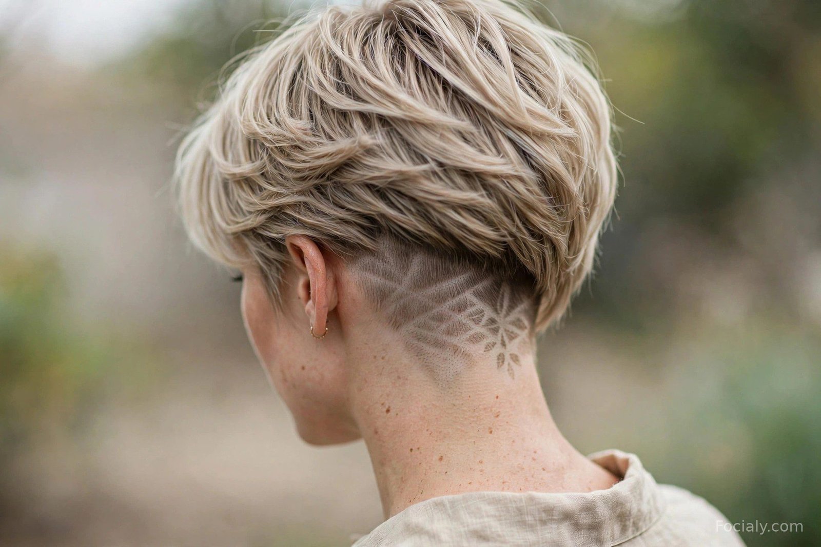 Pixie cut with nape undercut, shaved nape design hidden under longer top layers