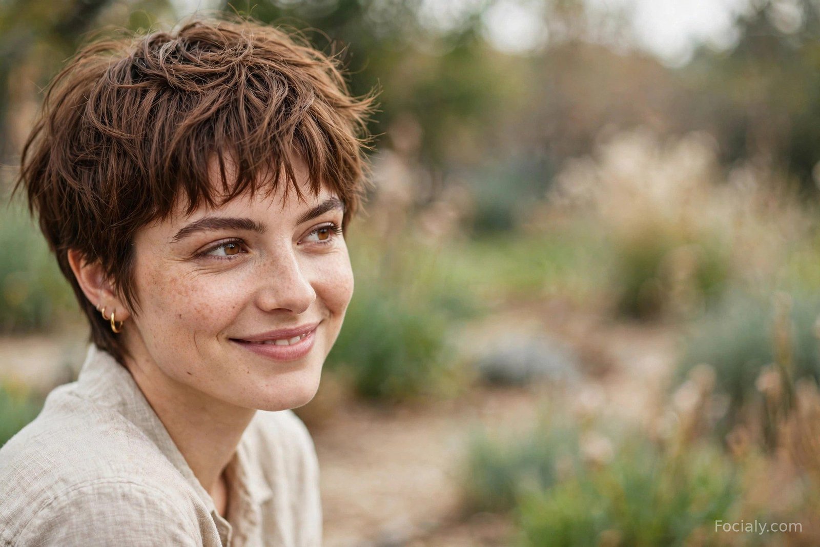Pixie cut with piece-y separated bangs, textured warm brown short hair