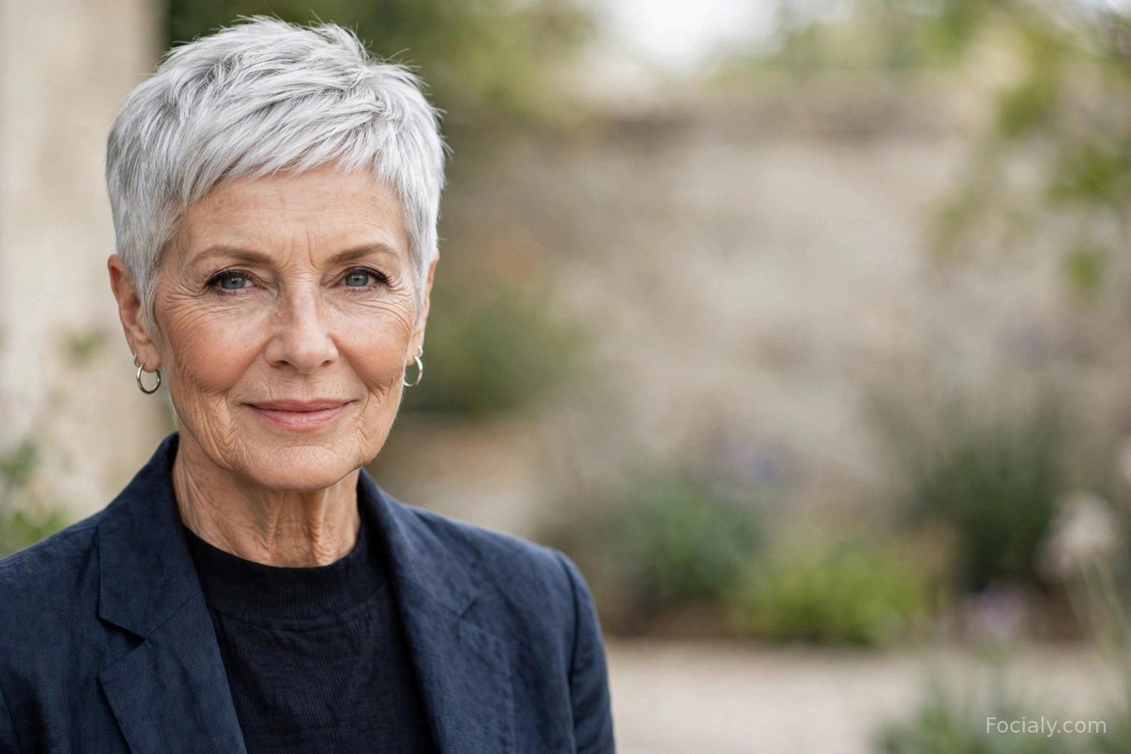 Silver gray pixie cut on a confident older woman, luminous short hair