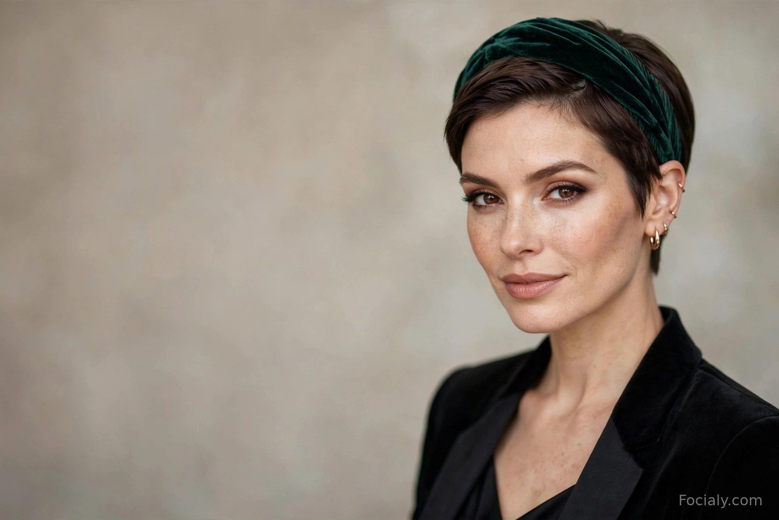 Sleek pixie cut styled with an elegant headband pushing the fringe back