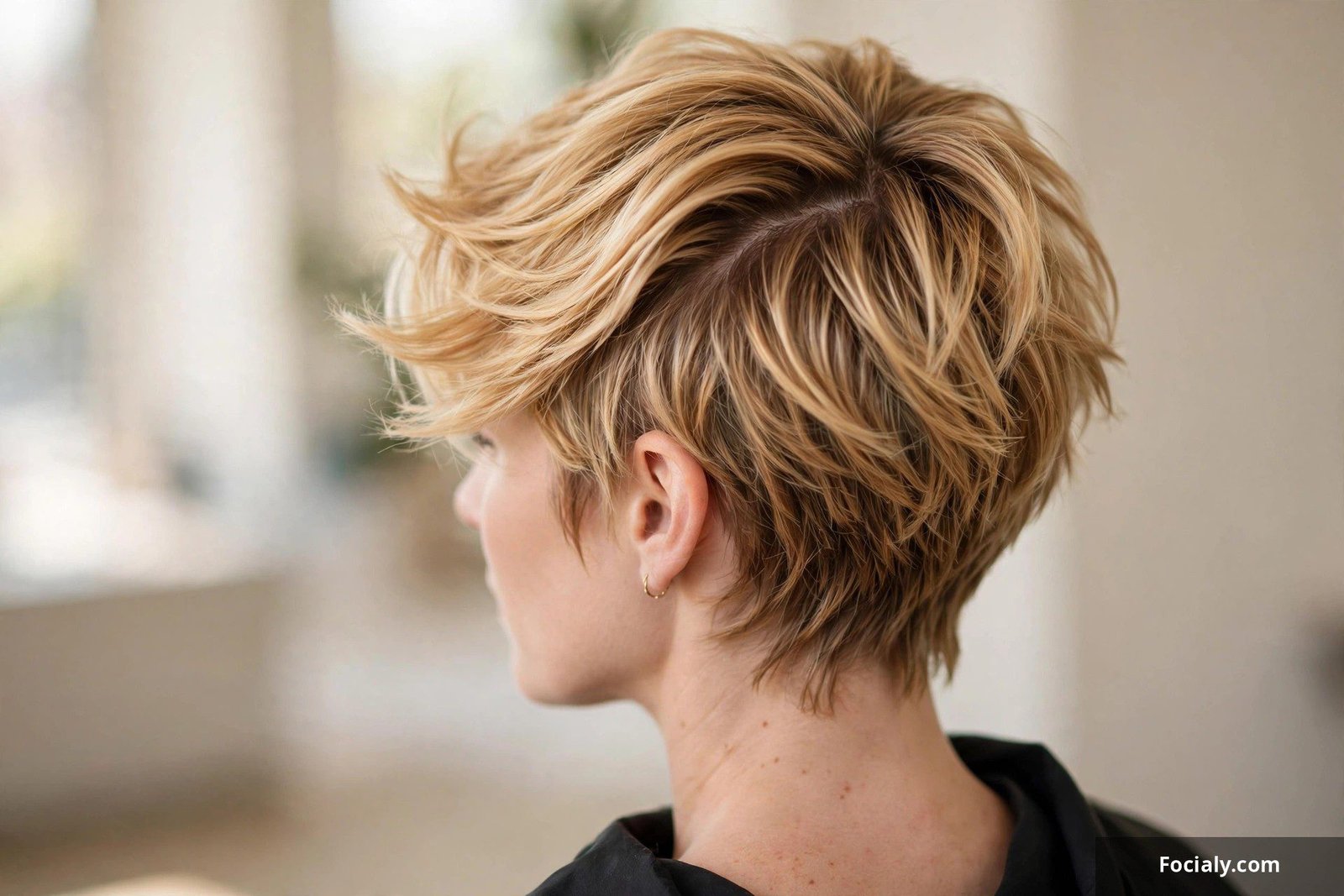 Pixie cut with dramatic deep side part, golden blonde hair swept across the forehead