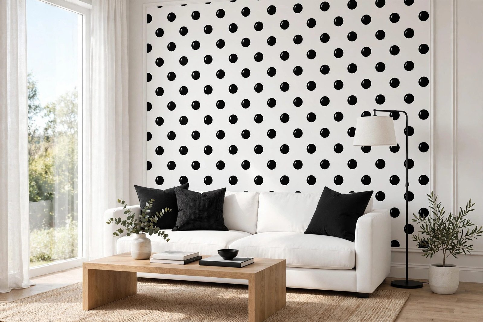 Living room accent wall with classic black and white polka dot wallpaper