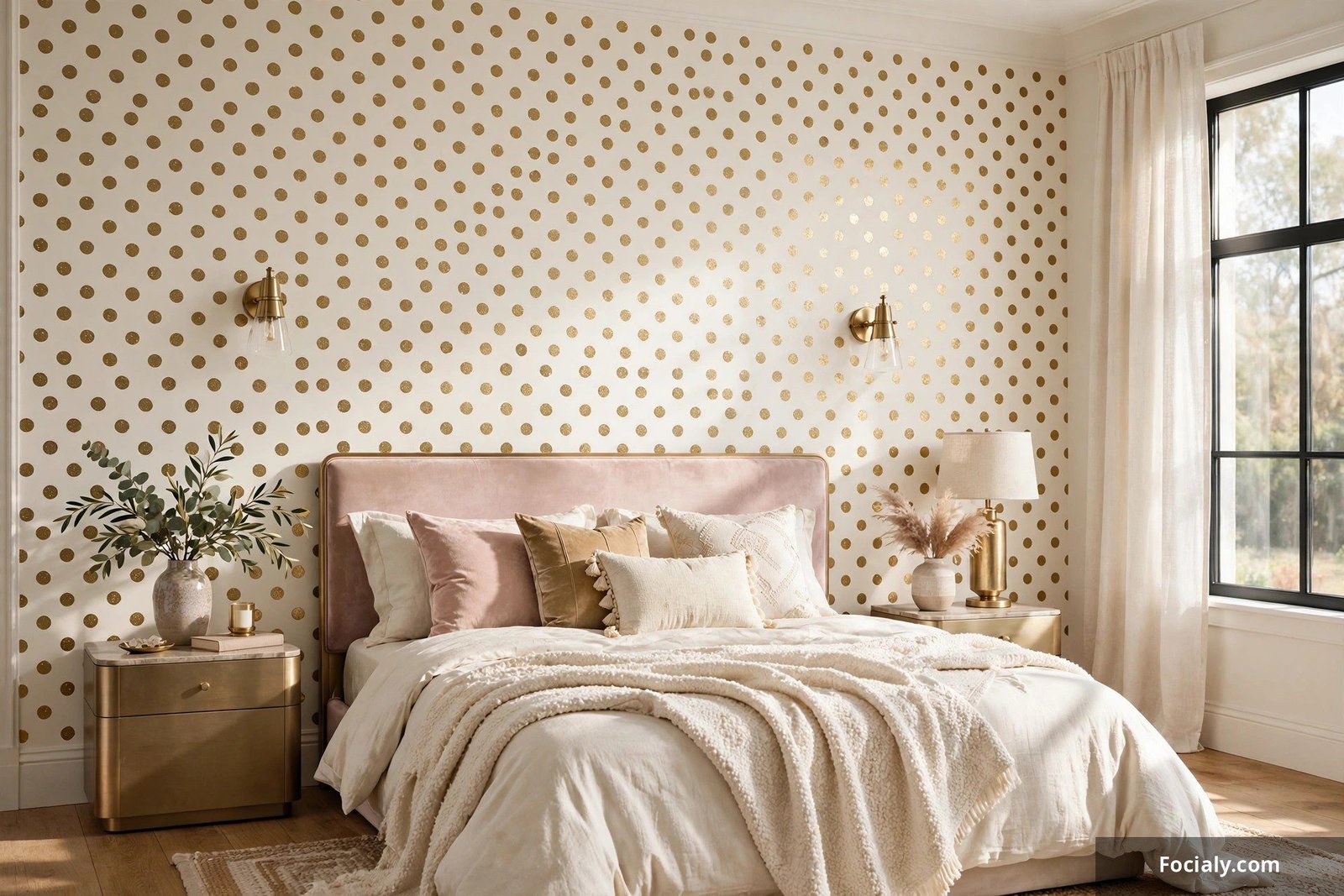 Bedroom accent wall with gold metallic polka dot wallpaper on ivory background