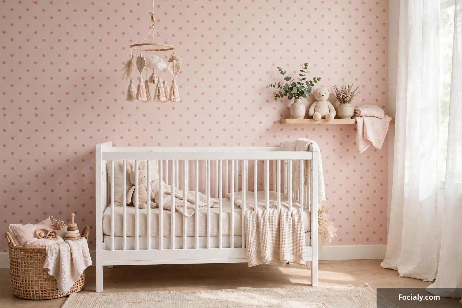 Baby nursery wall with blush pink polka dot wallpaper and white crib