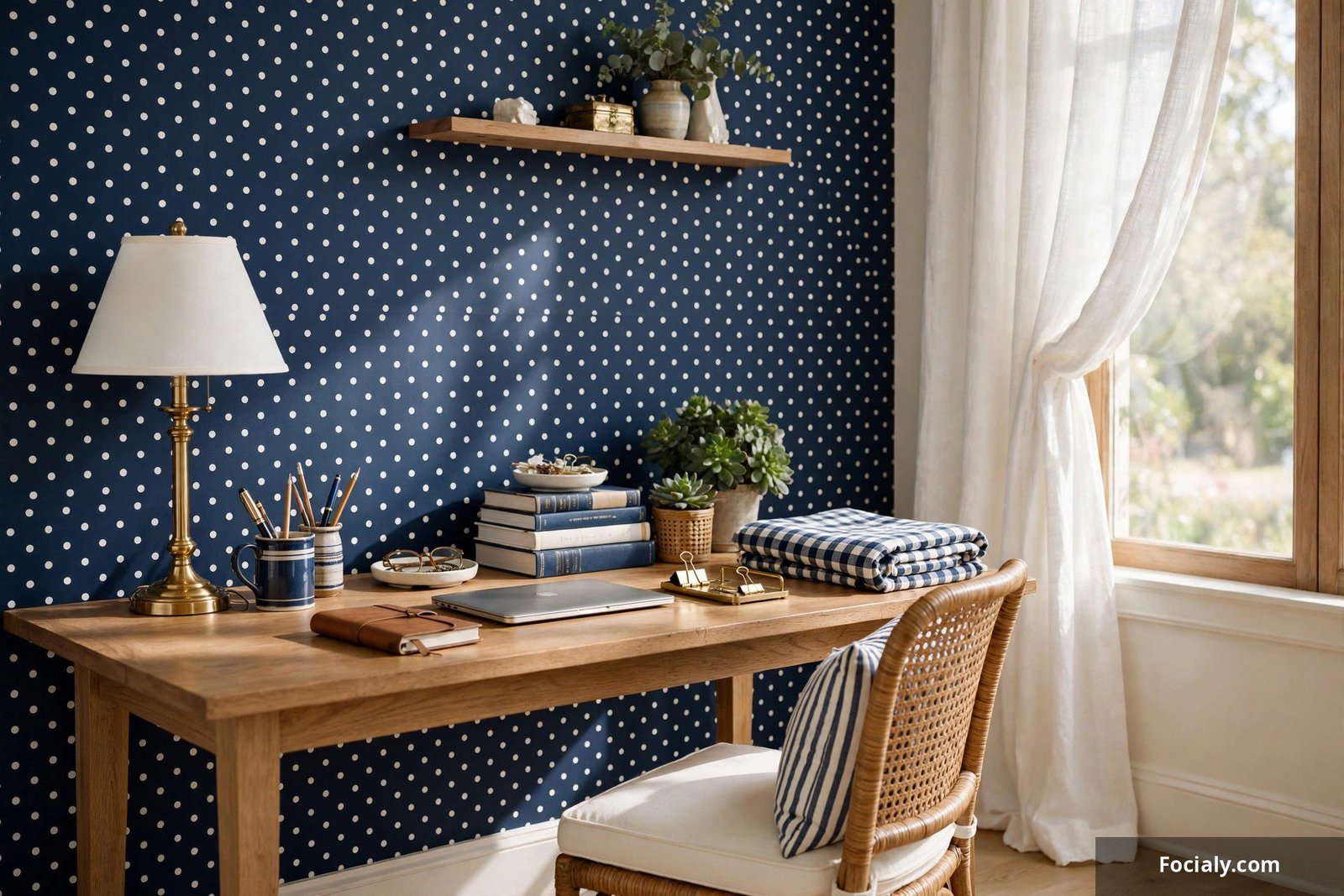 Home office wall with navy blue and white polka dot wallpaper