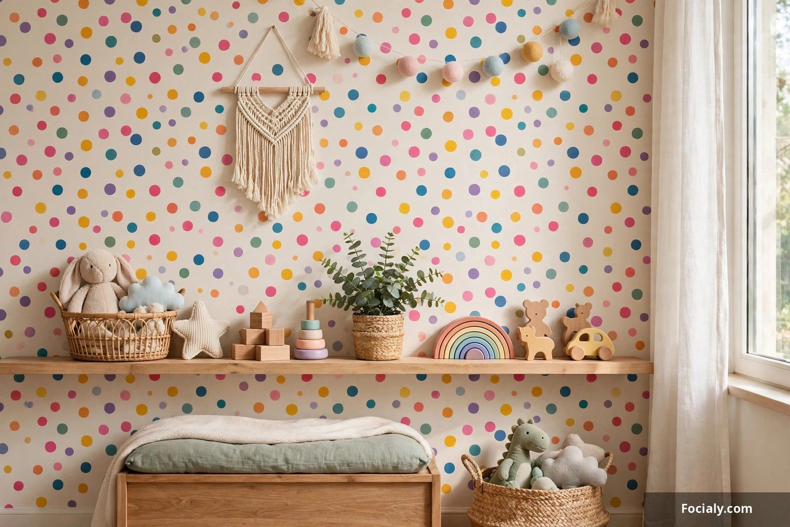 Kids playroom wall with colorful confetti polka dot wallpaper