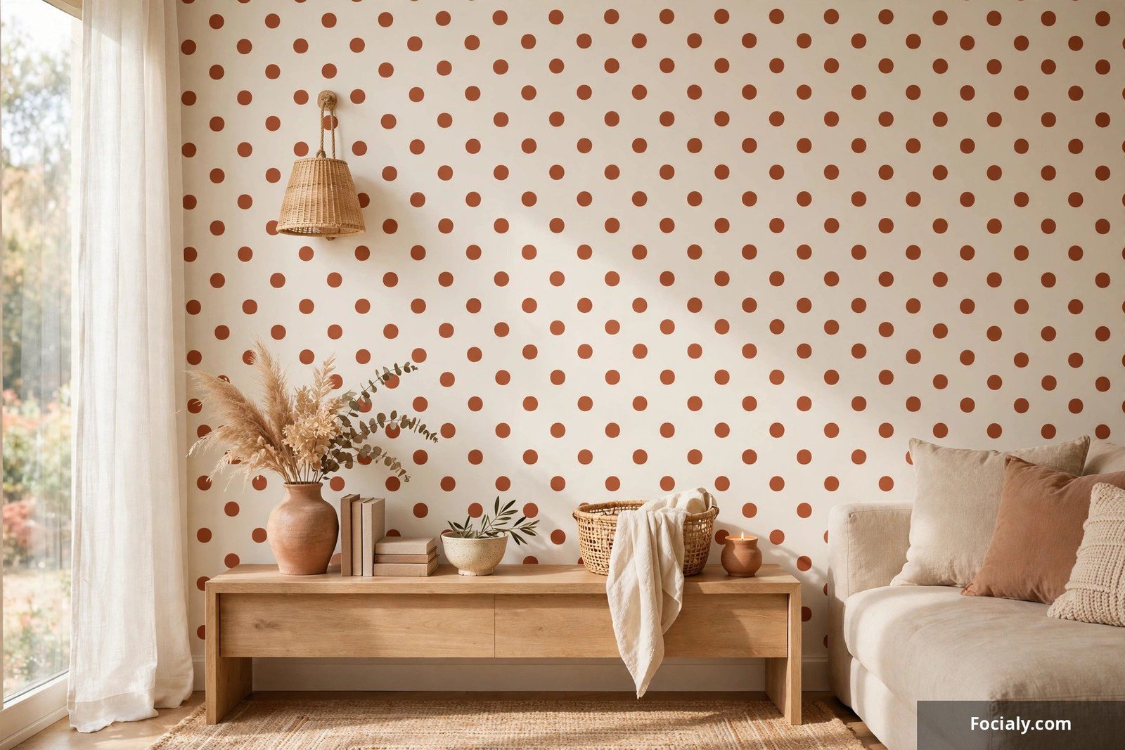 Living room wall with terracotta polka dot wallpaper on cream background