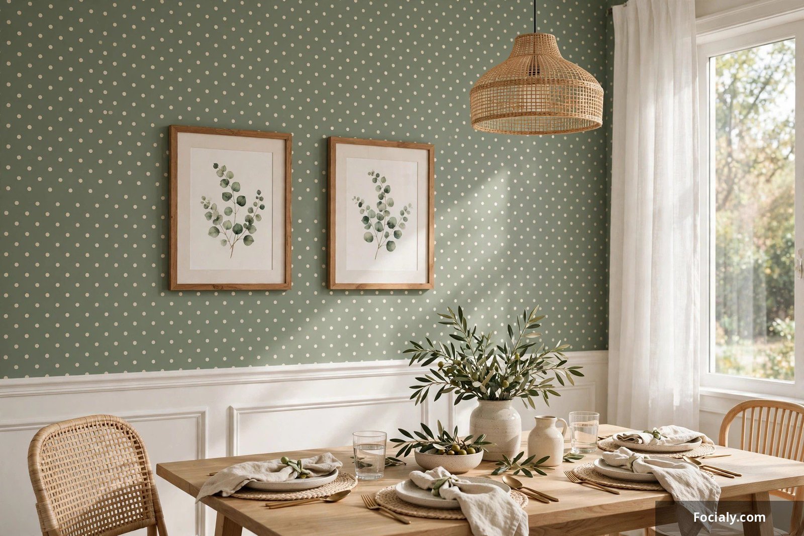 Dining room wall with sage green polka dot wallpaper