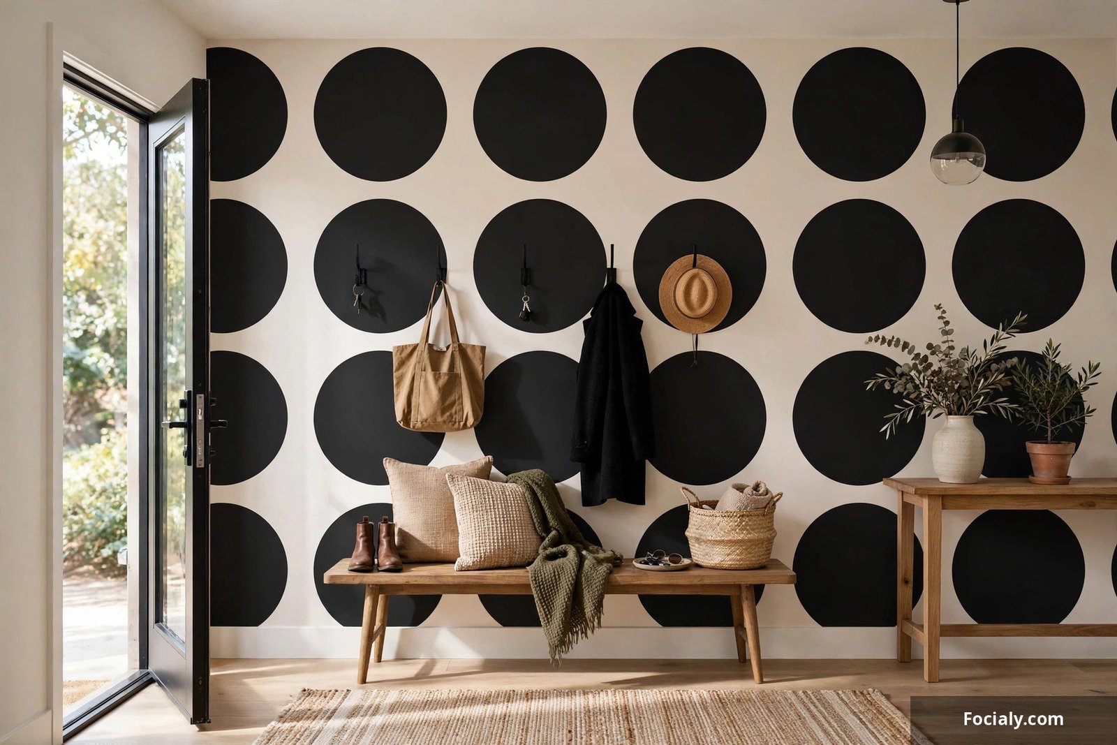 Entryway wall with oversized large-scale polka dot wallpaper