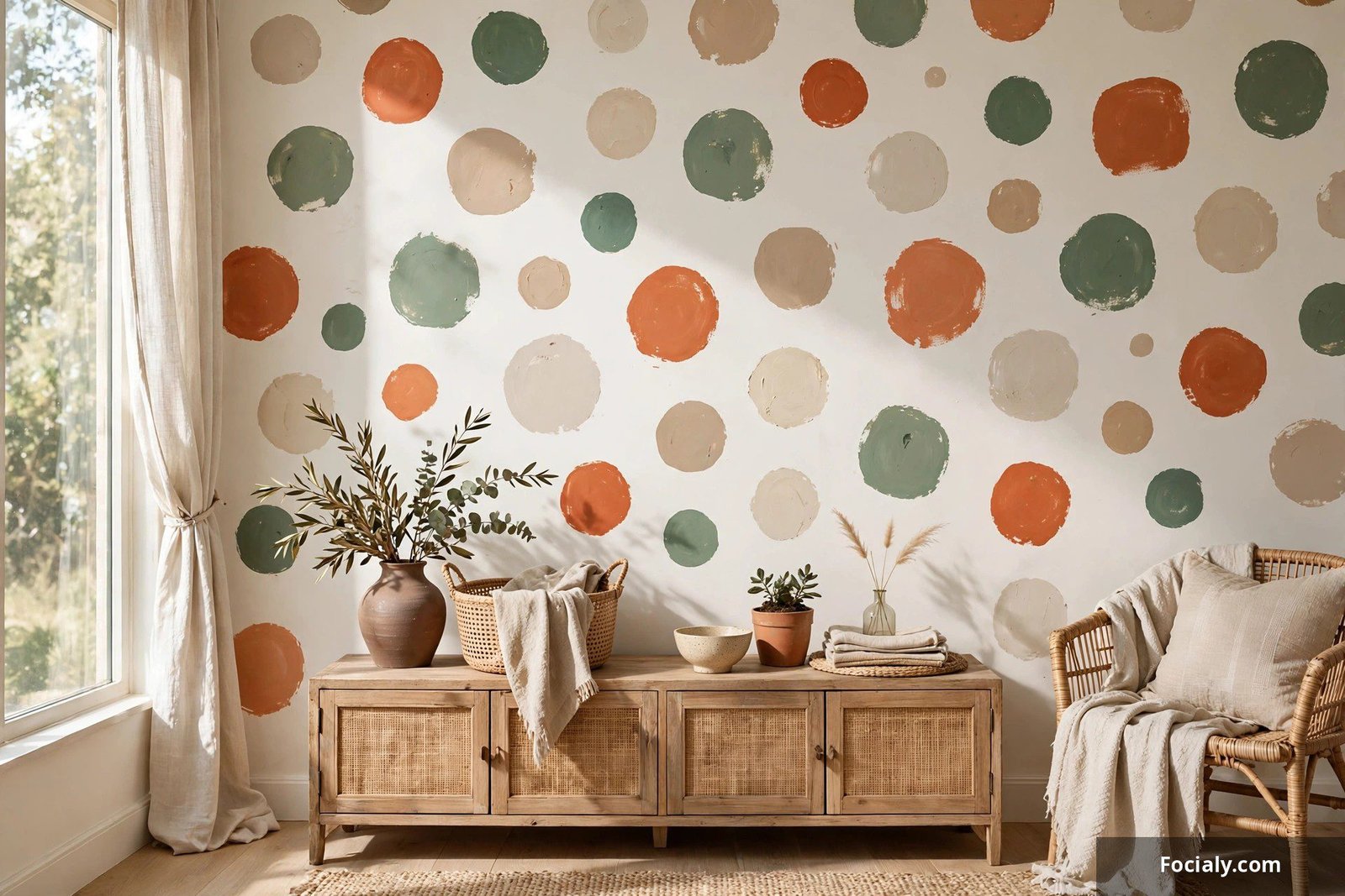 Wall with irregular hand-painted artisan polka dot wallpaper