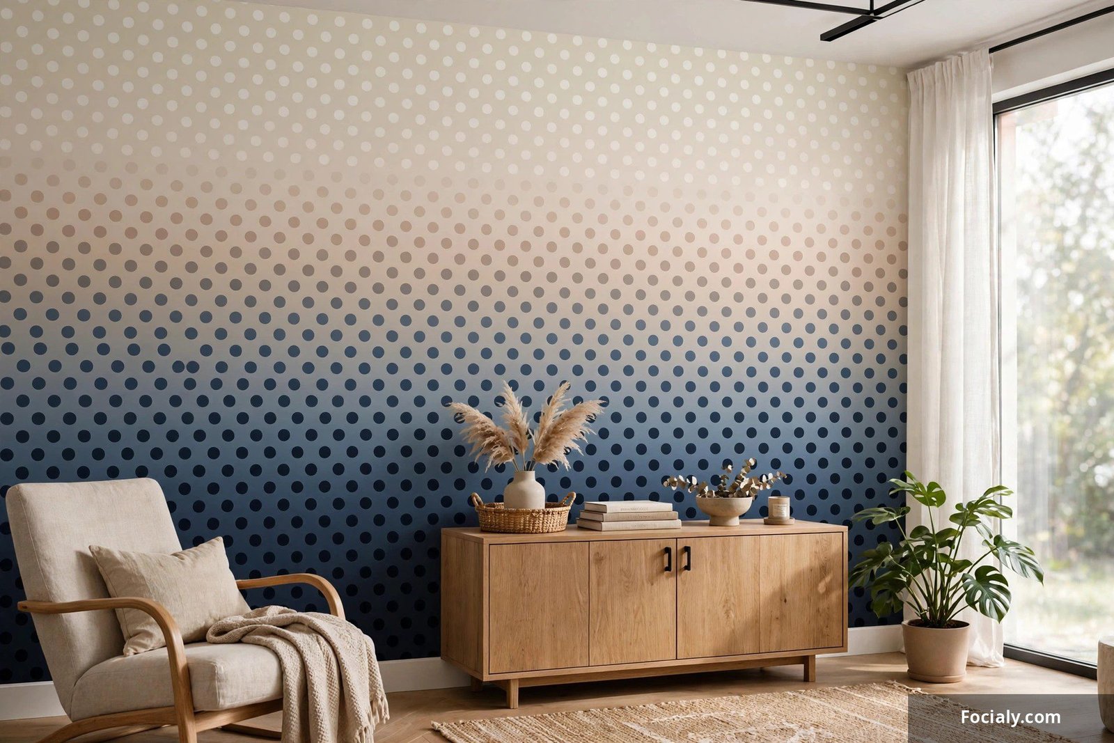 Wall with ombre gradient polka dot wallpaper fading from dark to light