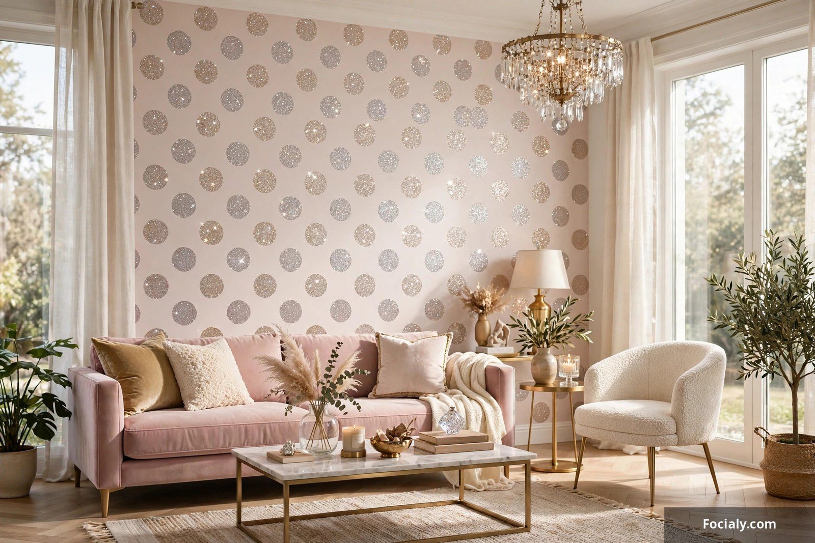 Glam wall with glitter polka dot wallpaper accent