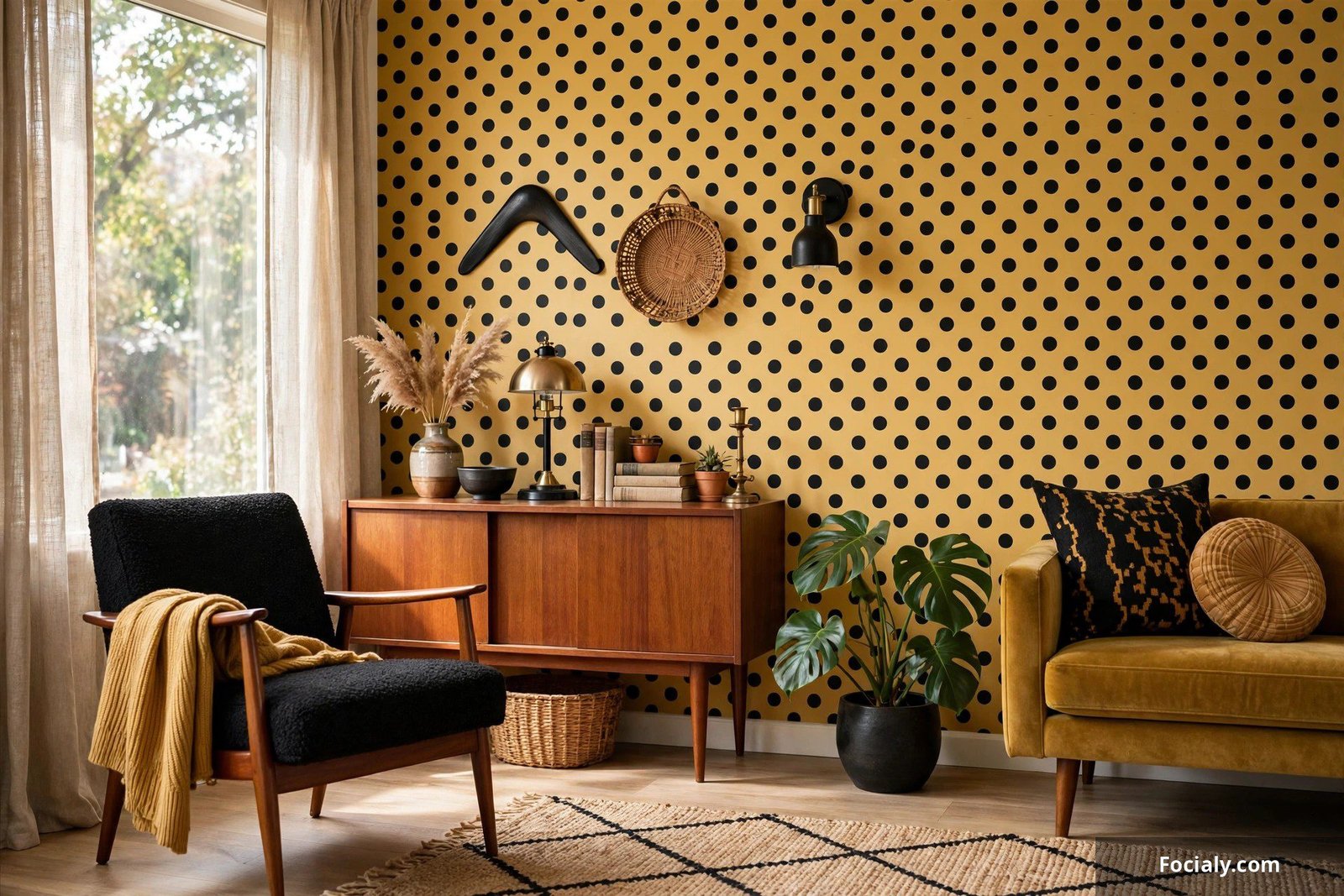 Mid-century living room wall with mustard yellow and black polka dot wallpaper