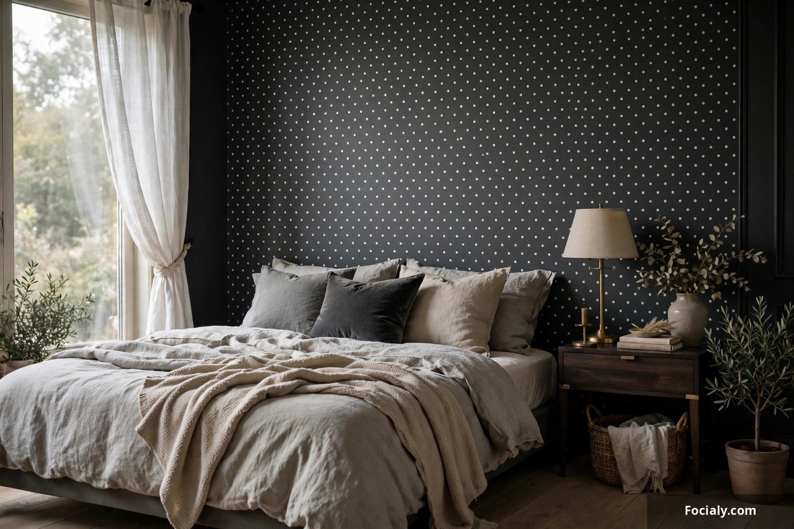 Moody bedroom wall with white polka dots on charcoal background