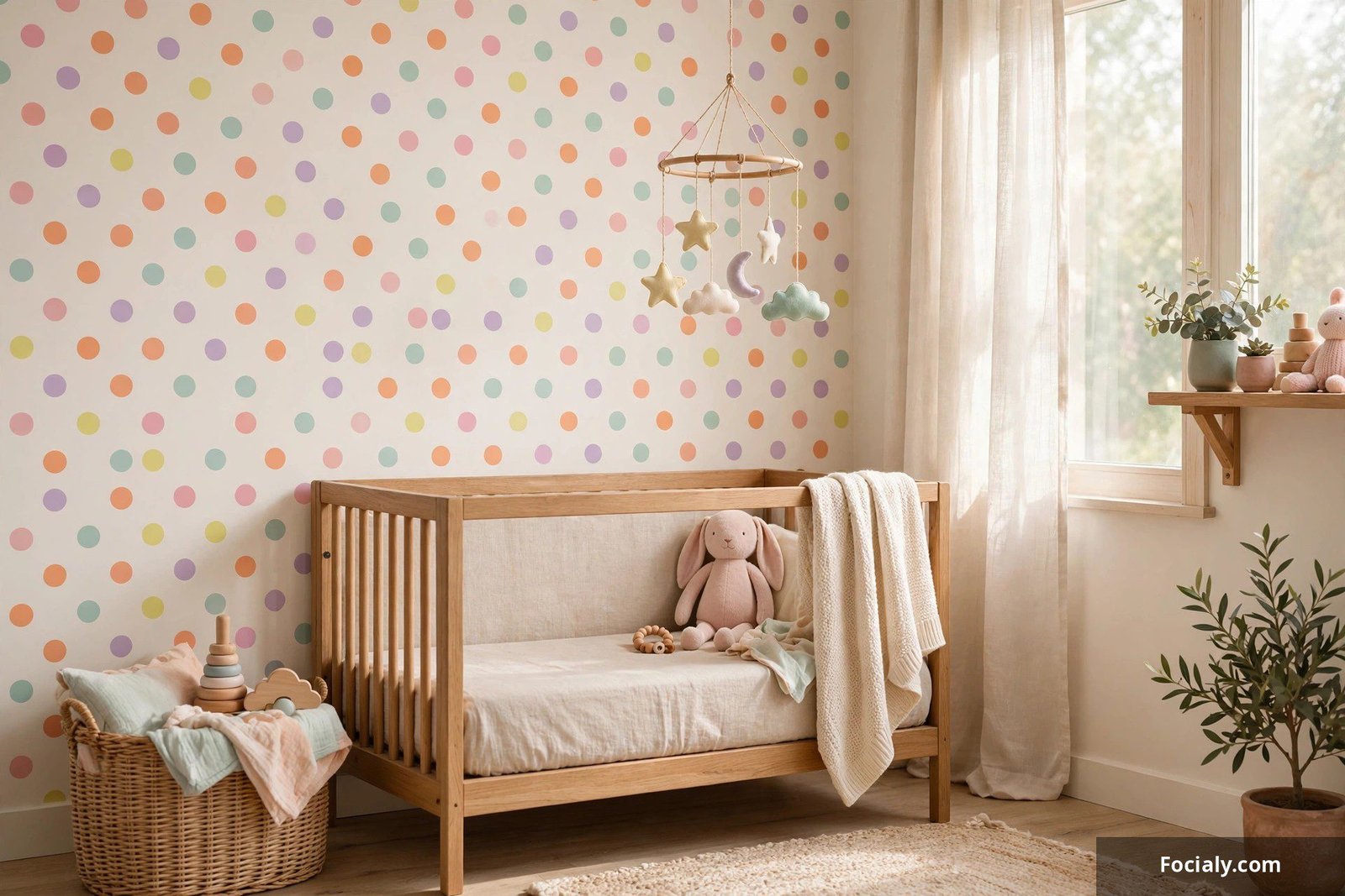 Nursery wall with pastel sorbet colored polka dot wallpaper