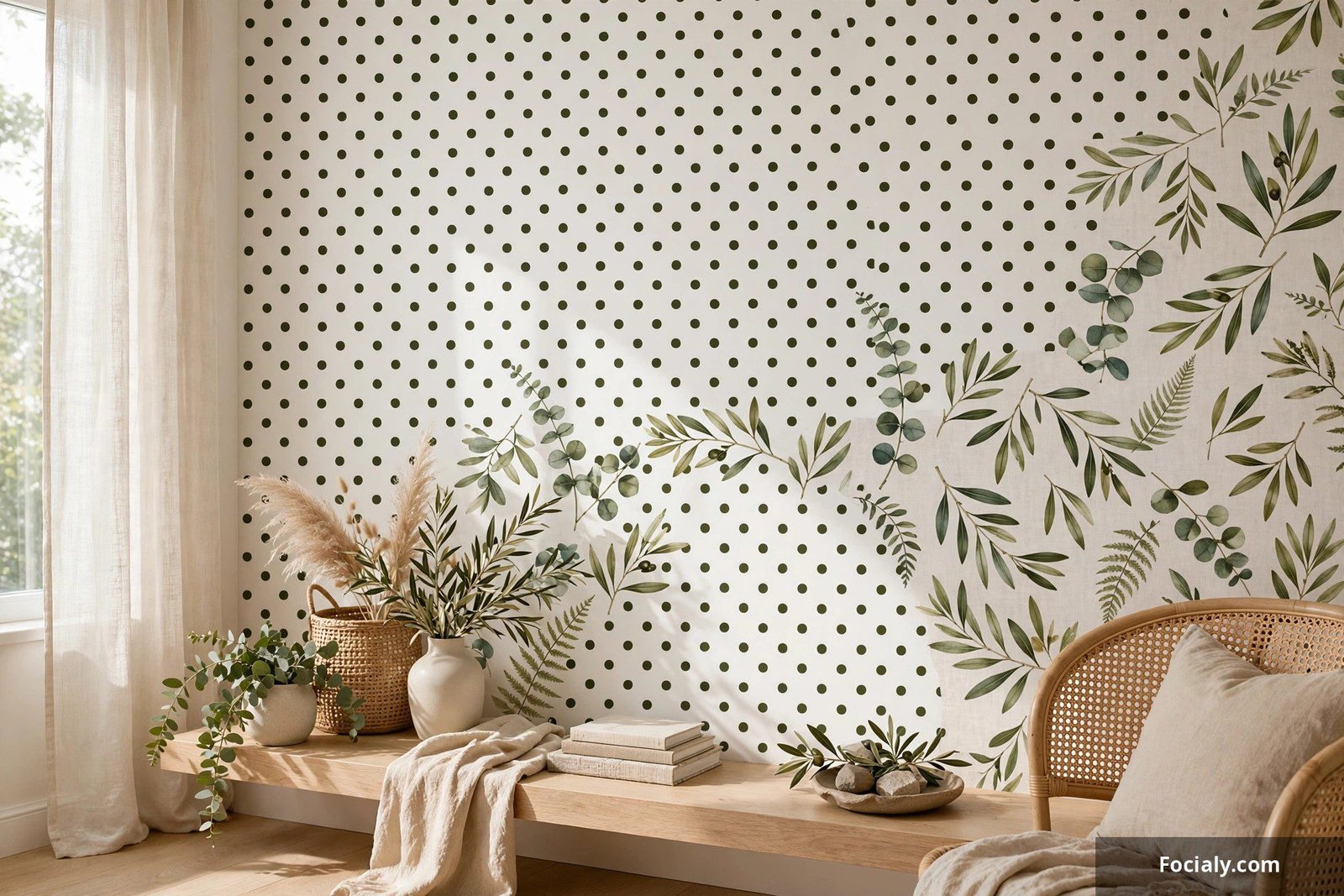 Wall with polka dot wallpaper mixed with botanical leaf pattern accents